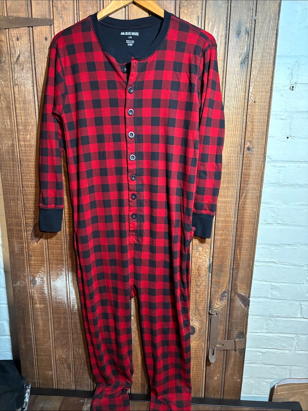 Red & Black Buffalo Plaid Henley One-Piece Pajama with back door.